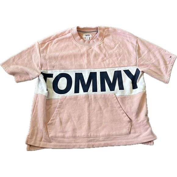 Tommy jeans women’s size small short sleeve sweatshirt with kangaroo pocket - Picture 1 of 5